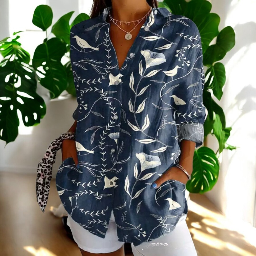 Elira - Camisa vintage de Manga Larga con Botones y Estampado Floral