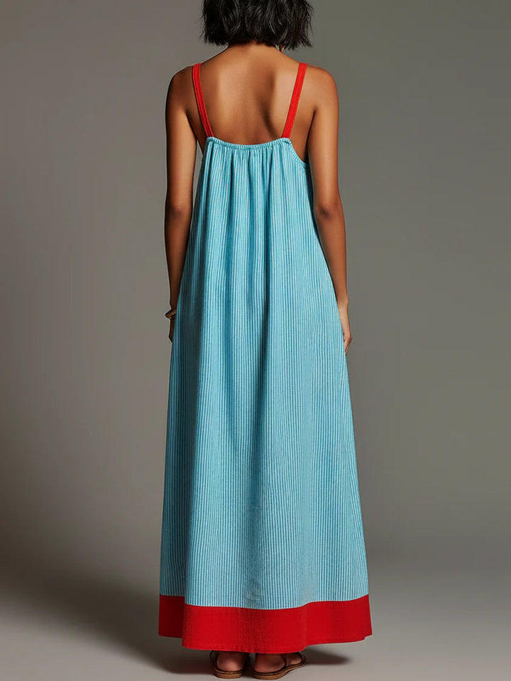 Sallina - Vestido Largo a Rayas Con Detalles En Rojo