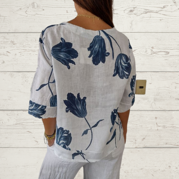 Despoina - Elegante Top Con Estampado Floral y Botones