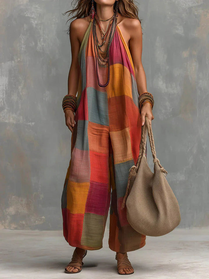 Meriny - Mono Patchwork Con Cuello Halter y Pernera Ancha