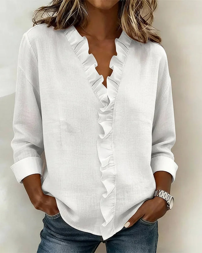 Pabasari - Elegante Blusa Con Cuello en V y Delicados Volantes