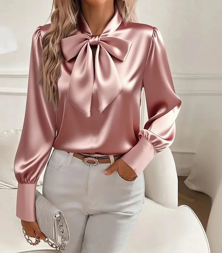 Nariyah - Blusa de Satén con Mangas Largas y Lazo