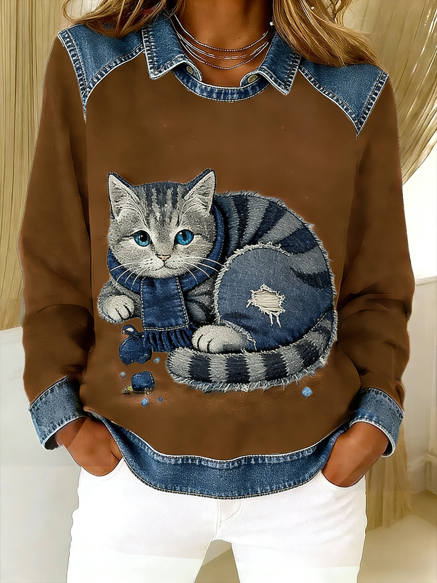Eponin - Sudadera Retro Con Parche De Denim Con Estampado De Gatos
