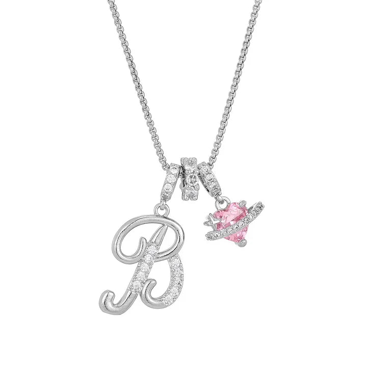 Nerute - Collar Con Inicial y Colgante de Corazón Rosa