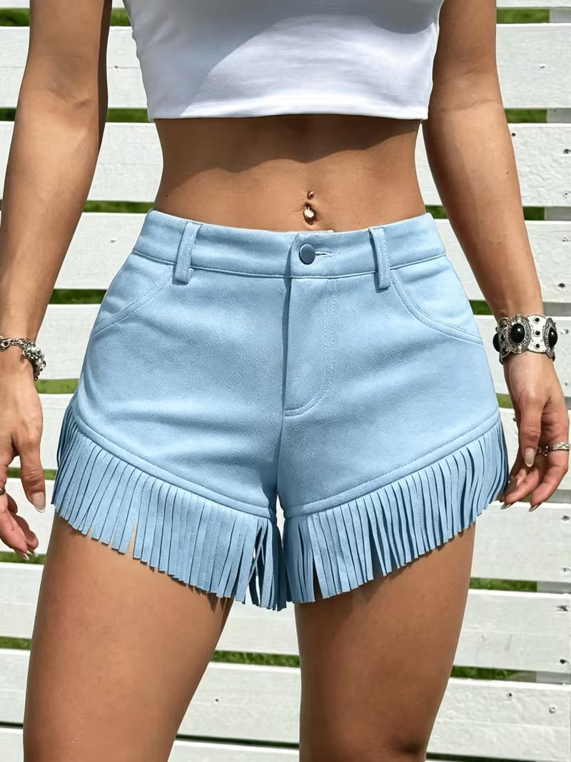 Wiliya - Pantalones Cortos Vintage De Talle Bajo Con Flecos