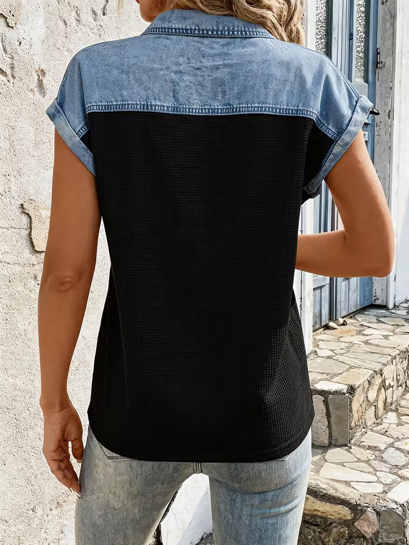 Haily - Camiseta Informal de Denim con Cuello de Patchwork y Manga Corta