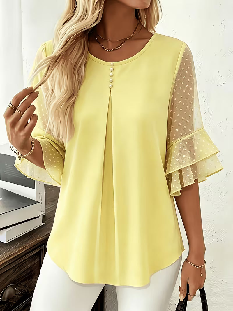 Hurley - Blusa de Cuello Redondo Con Mangas Transparentes Con Volantes