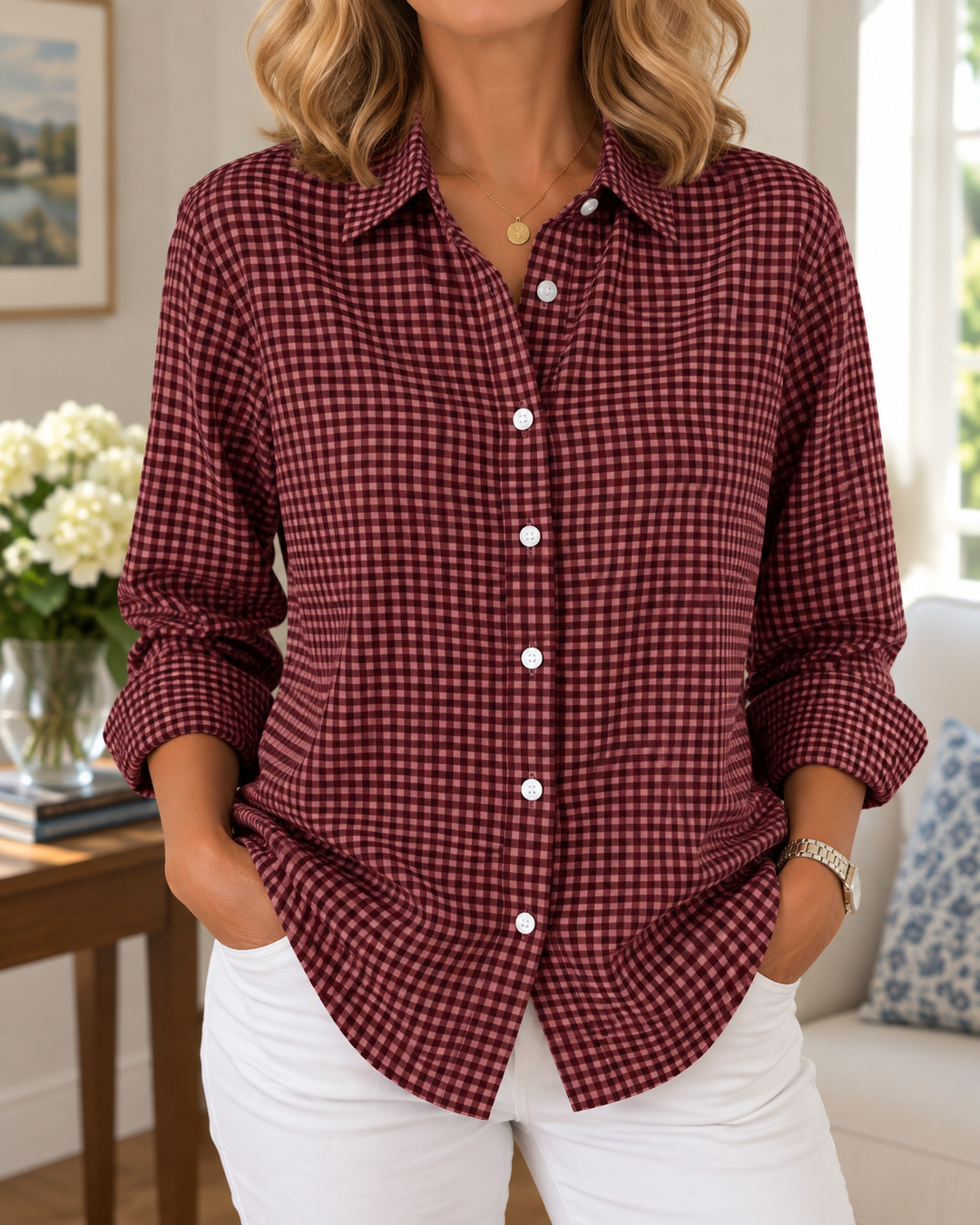 Colien - Camisa de Manga Larga a Cuadros Vichy Con Botones