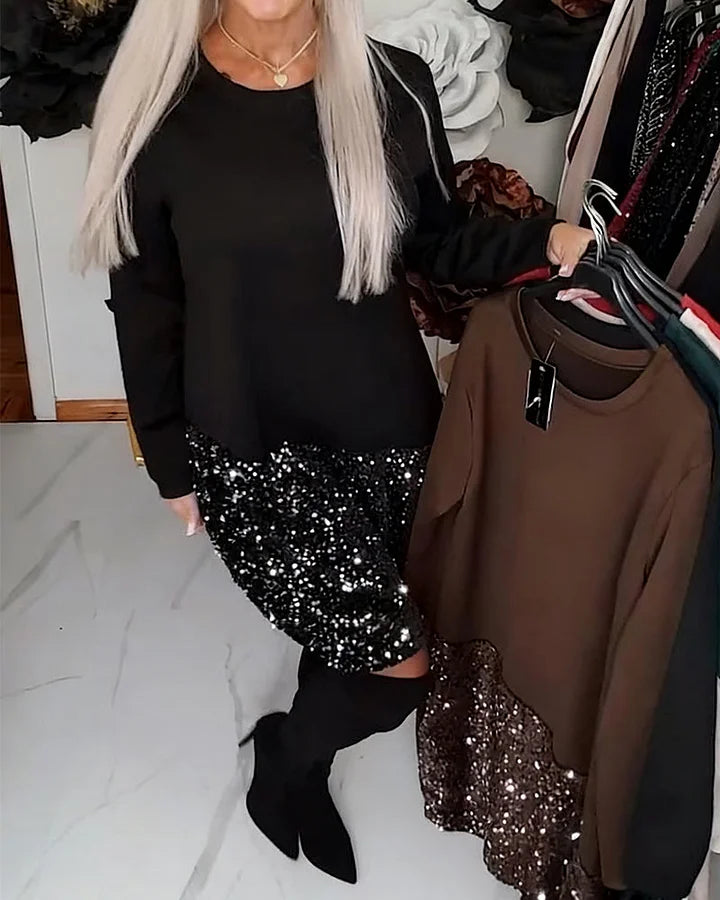 Ksenija - Vestido De Patchwork Con Cuello Redondo y Lentejuelas