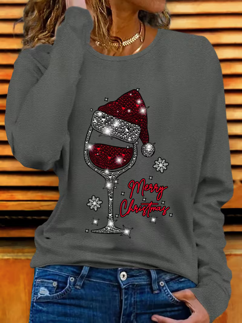 Doreah - Jersey Con Estampado De Copa De Vino Navideña y Gorro De Papá Noel