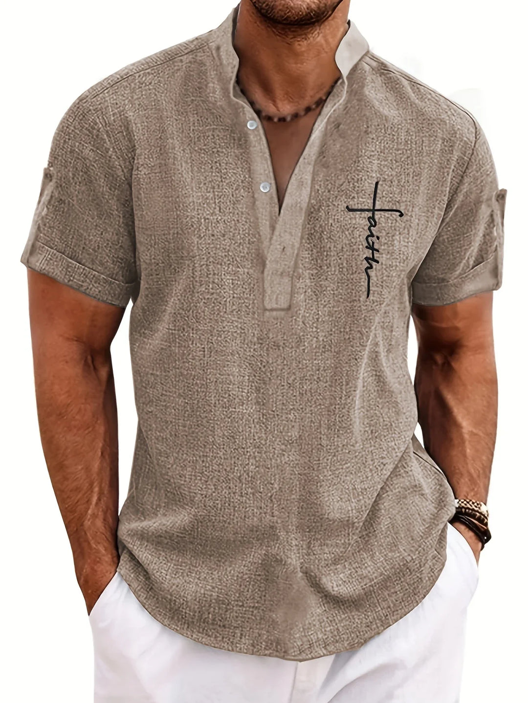 Elliott - Elegante Manga Corta Camisa Con Cuello Alto
