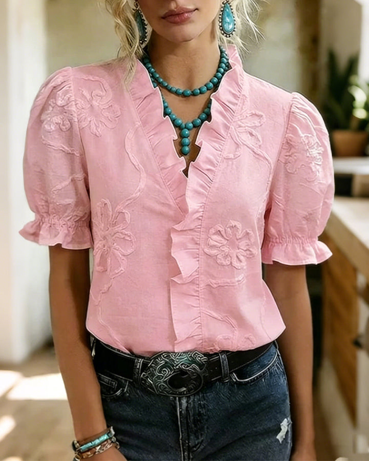 Lillynn - Blusa Con Cuello en V Ribete Con Volantes Y Mangas Abullonadas
