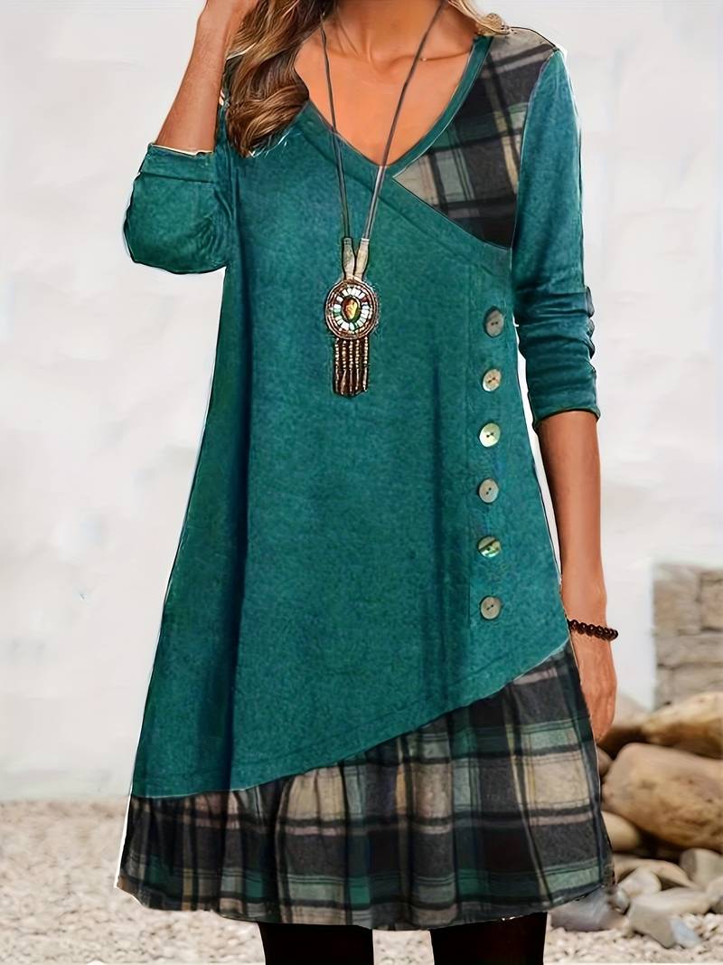 Alinor - Vestido Informal de Manga Larga Con Estampado de Cuadros y Patchwork