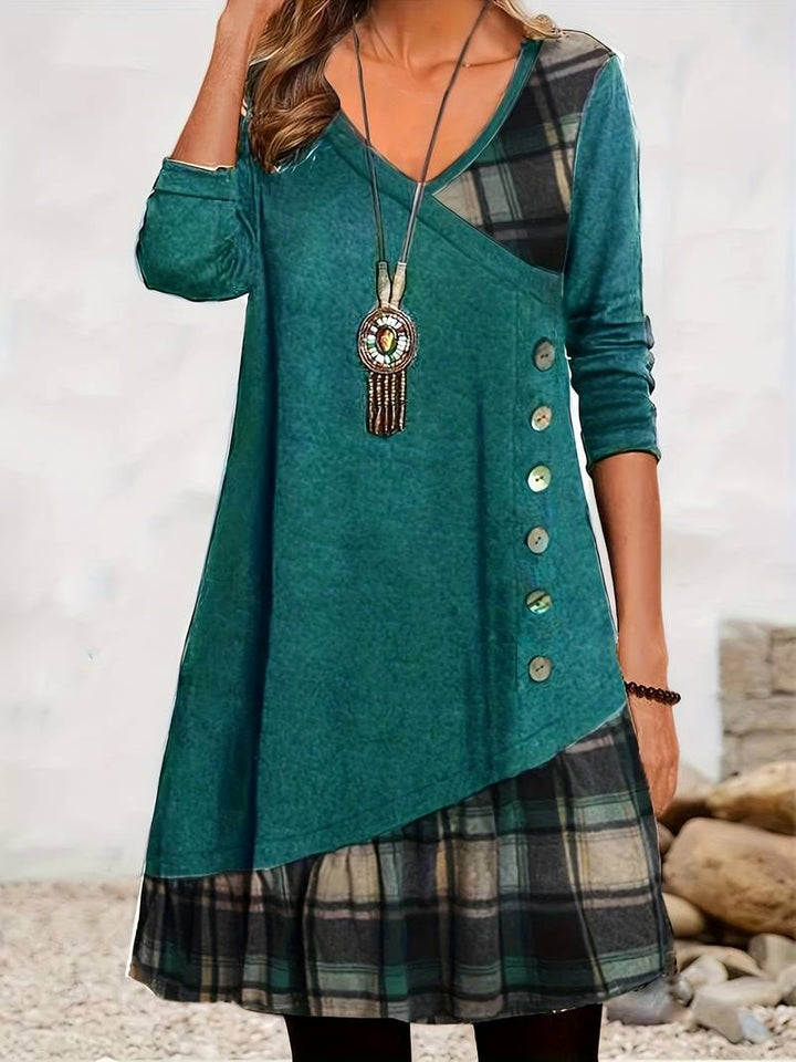 Alinor - Vestido Informal de Manga Larga Con Estampado de Cuadros y Patchwork
