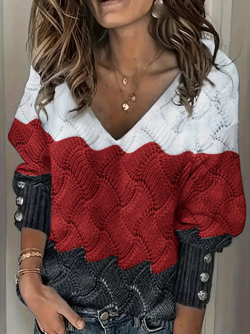 Sinara - Elegante Jersey De Cuello En V Y Manga Larga