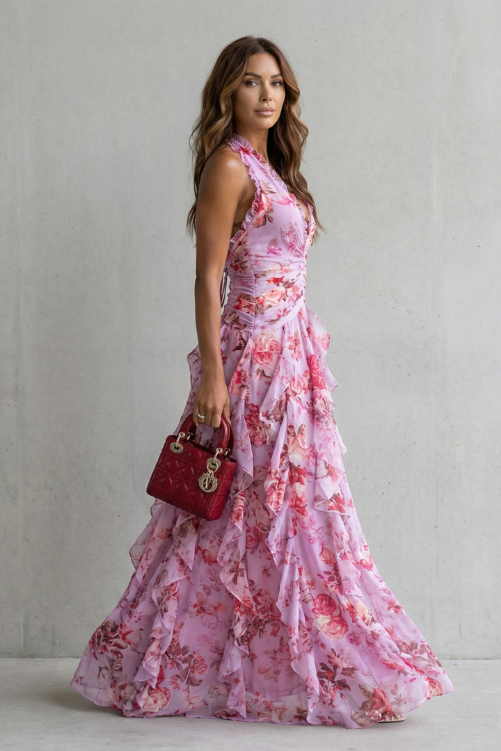 Eliora - Vestido Largo Con Cuello Halter y Estampado Floral En Cascada