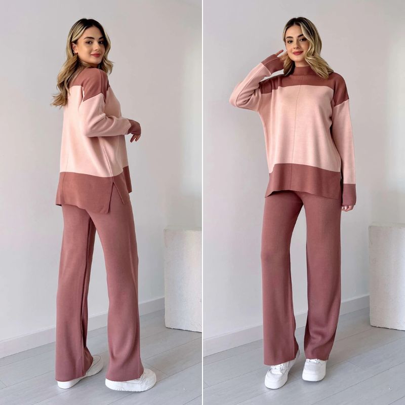 Wenja - Conjunto de dos Piezas top de Cuello Redondo y Pantalón Ancho