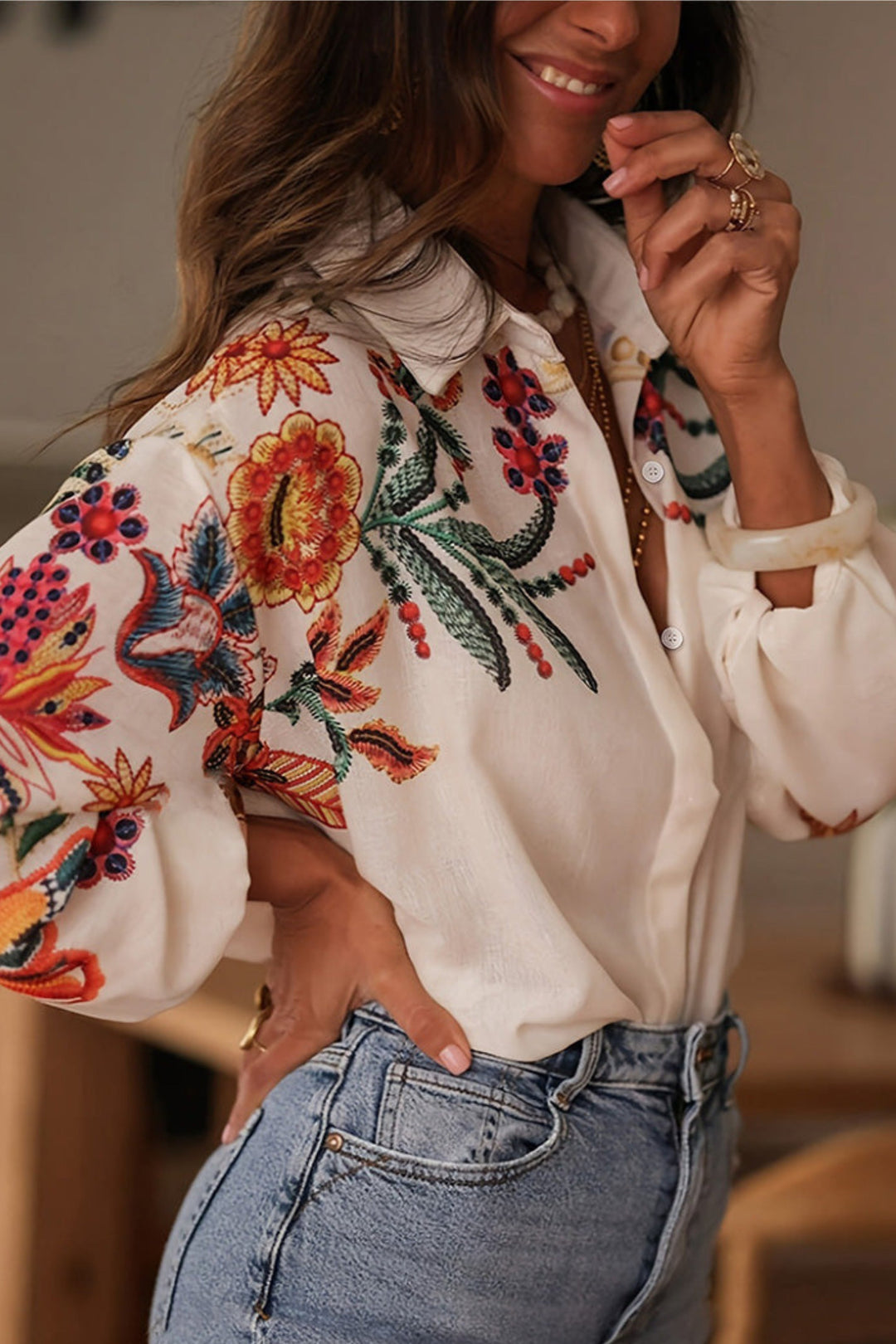 Mariluna - Camisa Informal De Manga Larga Con Estampado De Flores