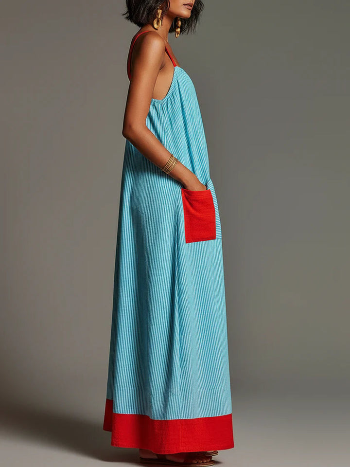 Sallina - Vestido Largo a Rayas Con Detalles En Rojo
