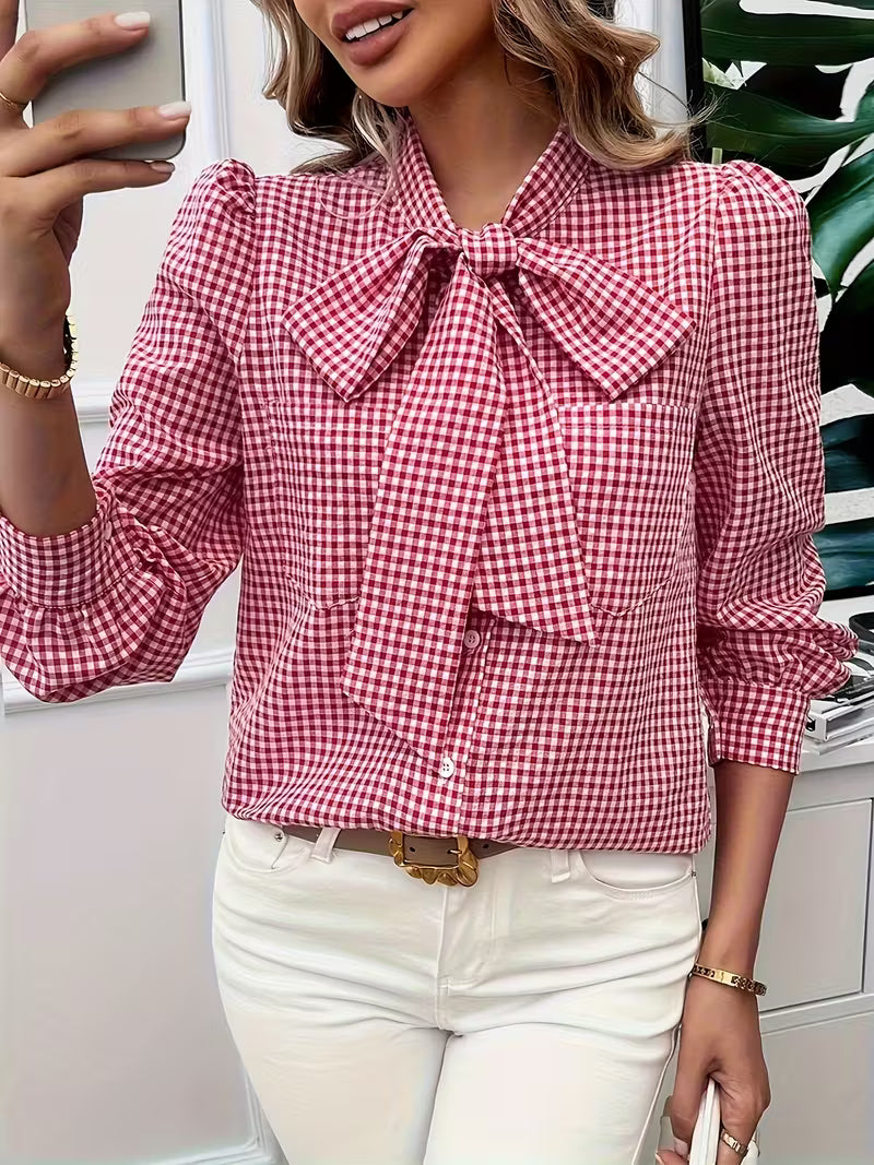 Meella - Elegante Blusa Con Pajarita a Cuadros Vichy