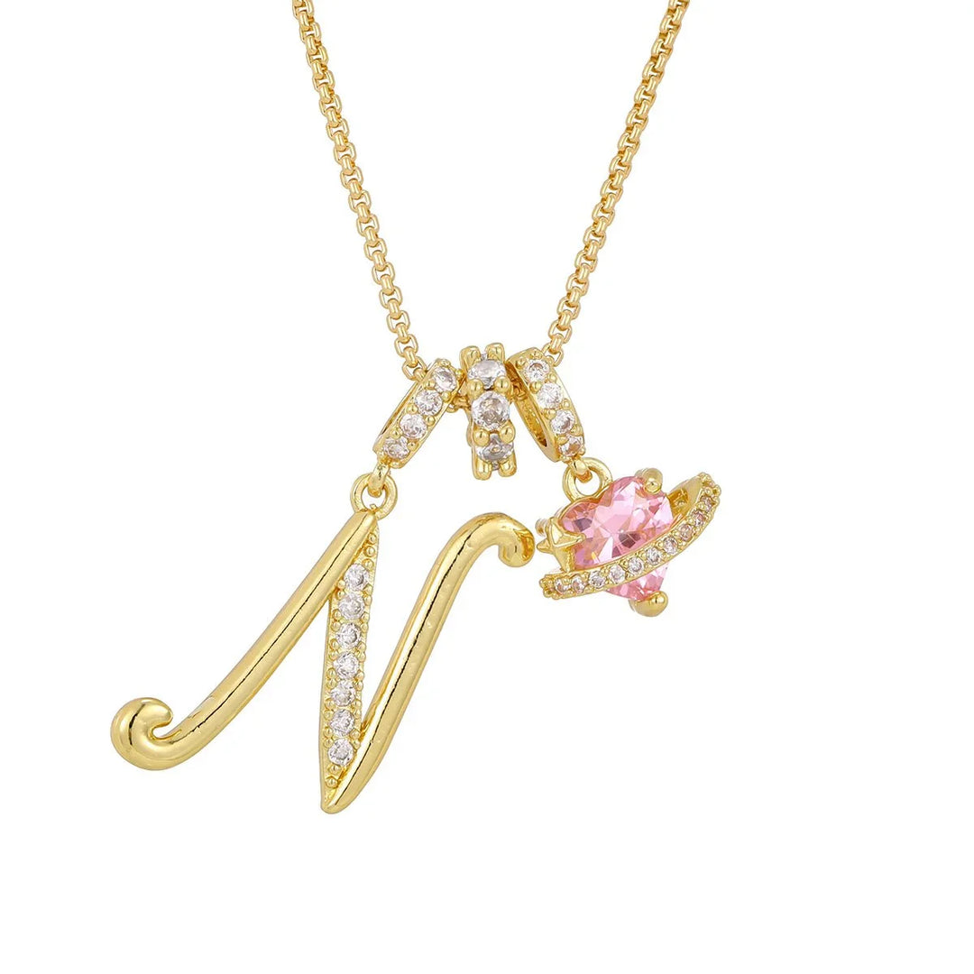 Nerute - Collar Con Inicial y Colgante de Corazón Rosa