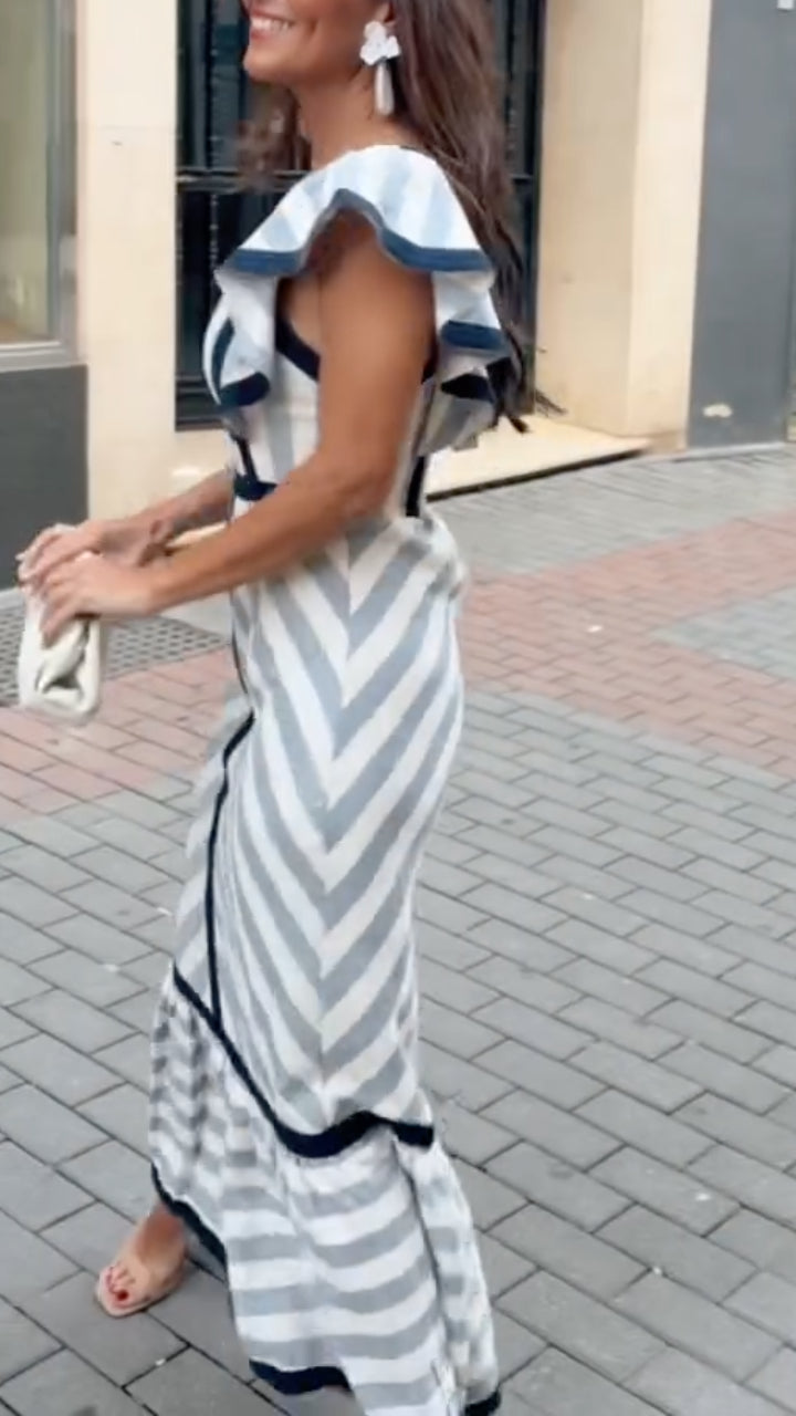 Lileeka - Vestido Largo De Cuello Cuadrado Con Rayas Mixtas