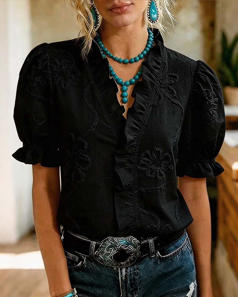 Lillynn - Blusa Con Cuello en V Ribete Con Volantes Y Mangas Abullonadas
