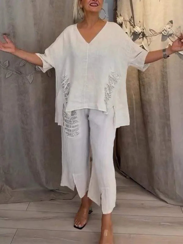 Himashi - Elegante Traje De Dos Piezas De Algodón y Lino Con Cuello En V