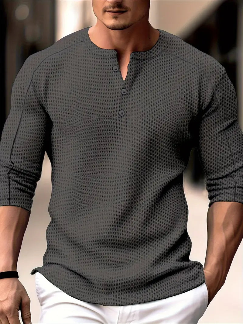 Biden - Camisa De Manga Larga Con Cuello Henley Y Tejido De Punto Waffle