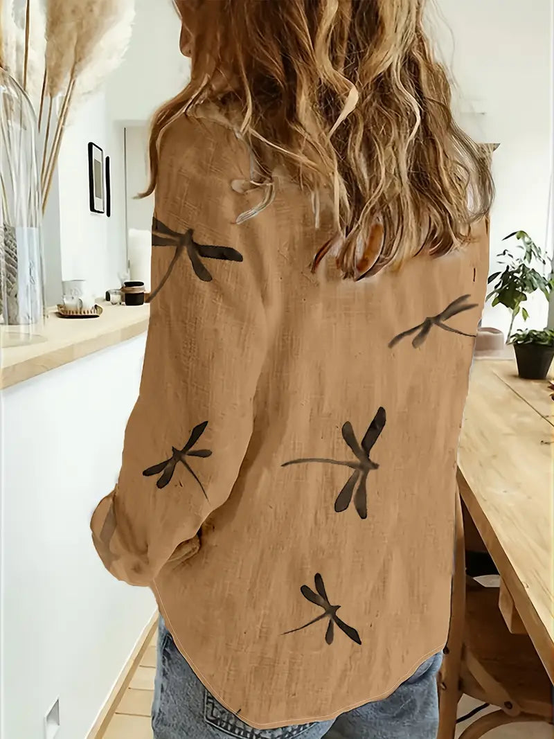 Melek - Camisa Informal Holgada Con Estampado De Libélulas