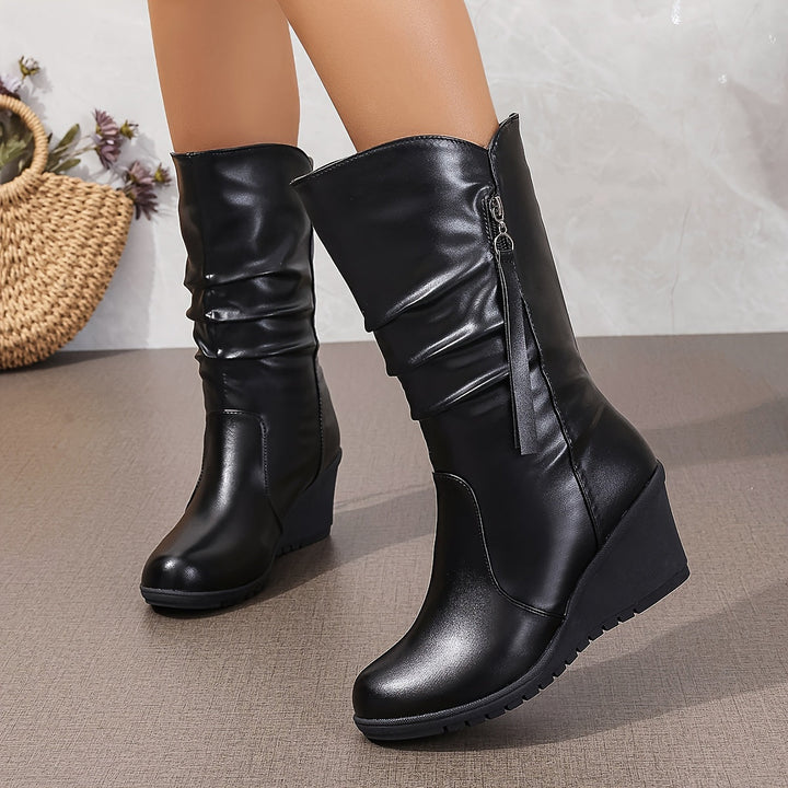 ladymia - Botas Hasta La Mitad De La Pantorrilla Con Suela Gruesa Y Volantes en El Talón