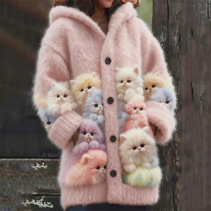 Kelsie - Cárdigan con Capucha Mullido y Gatos