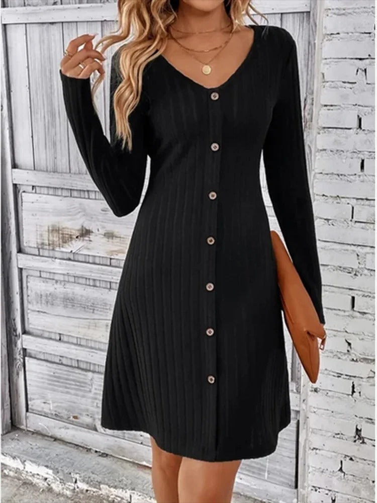 Yessie - Vestido de Botones Con Cuello en Pico