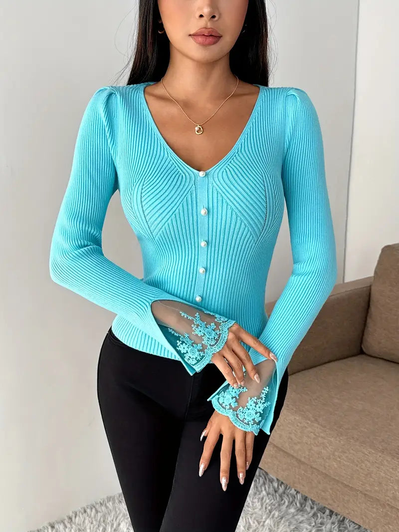 Visenna - Elegante Jersey Con Cuello en V y Mangas De Encaje