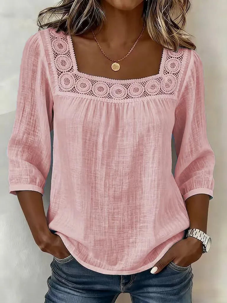 Nozomi - Blusa De Encaje Con Cuello Cuadrado Y Diseño De Retazos