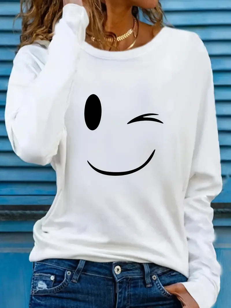 Odalina - Camiseta Informal Con Estampado Sonriente Guiño