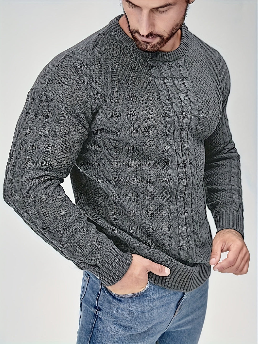 Eiduks - Jersey Clásico de Cuello Redondo Con Punto Trenzado