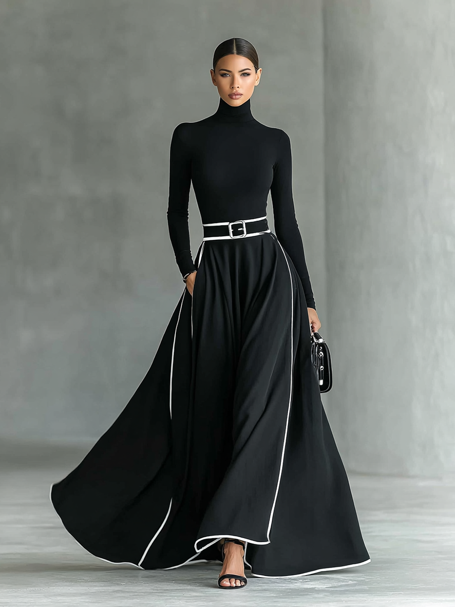 Romilly - Vestido Largo Ajustado Con Cinturón y Manga Larga