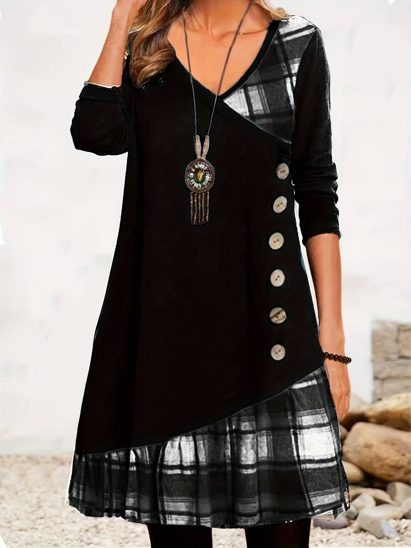 Alinor - Vestido Informal de Manga Larga Con Estampado de Cuadros y Patchwork