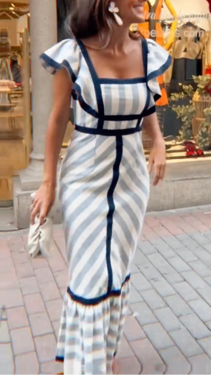 Lileeka - Vestido Largo De Cuello Cuadrado Con Rayas Mixtas