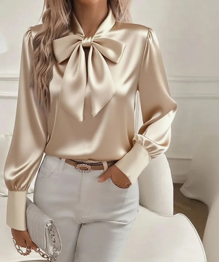 Nariyah - Blusa de Satén con Mangas Largas y Lazo