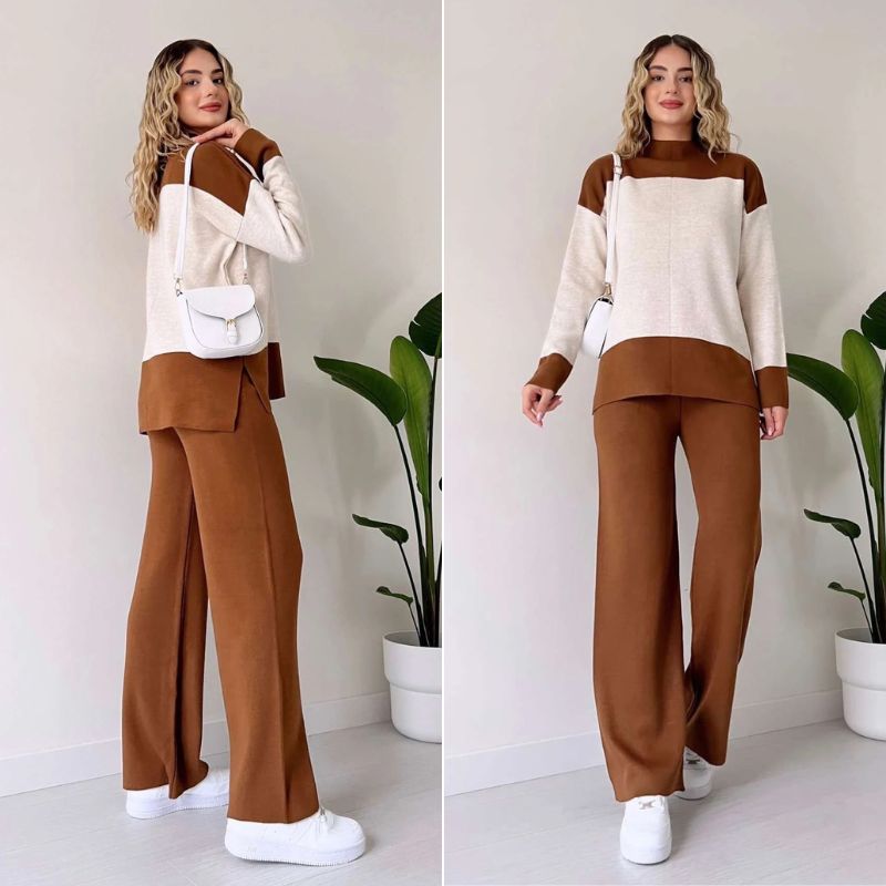 Wenja - Conjunto de dos Piezas top de Cuello Redondo y Pantalón Ancho