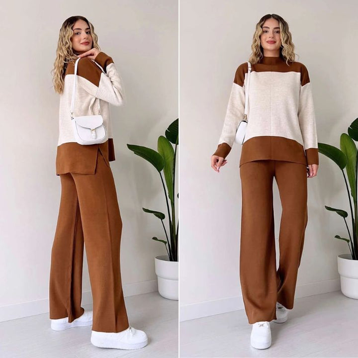Wenja - Conjunto de dos Piezas top de Cuello Redondo y Pantalón Ancho