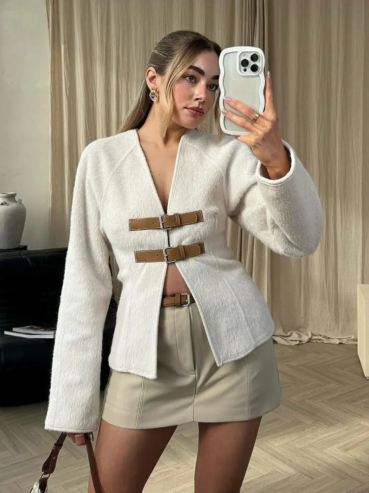 Larisa - Abrigo de Lana con Hebilla de Cuero Retro