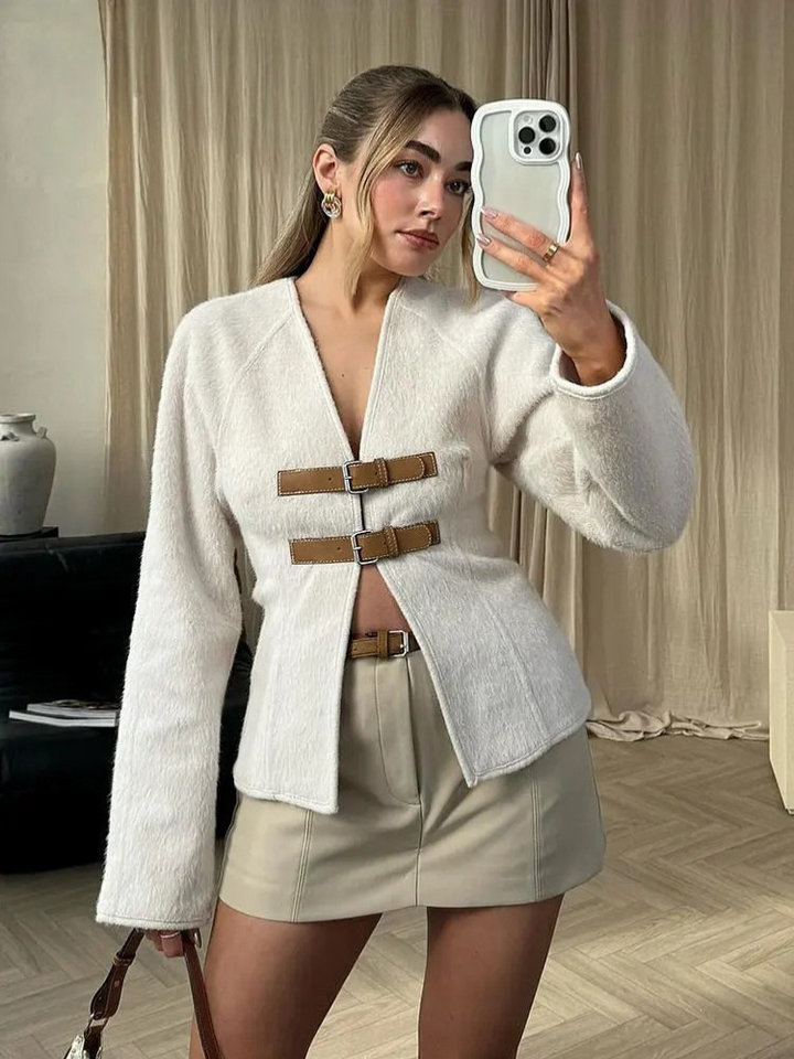 Larisa - Abrigo de Lana con Hebilla de Cuero Retro
