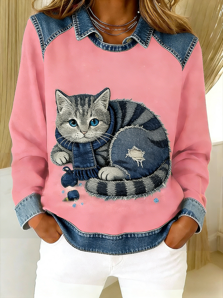Eponin - Sudadera Retro Con Parche De Denim Con Estampado De Gatos