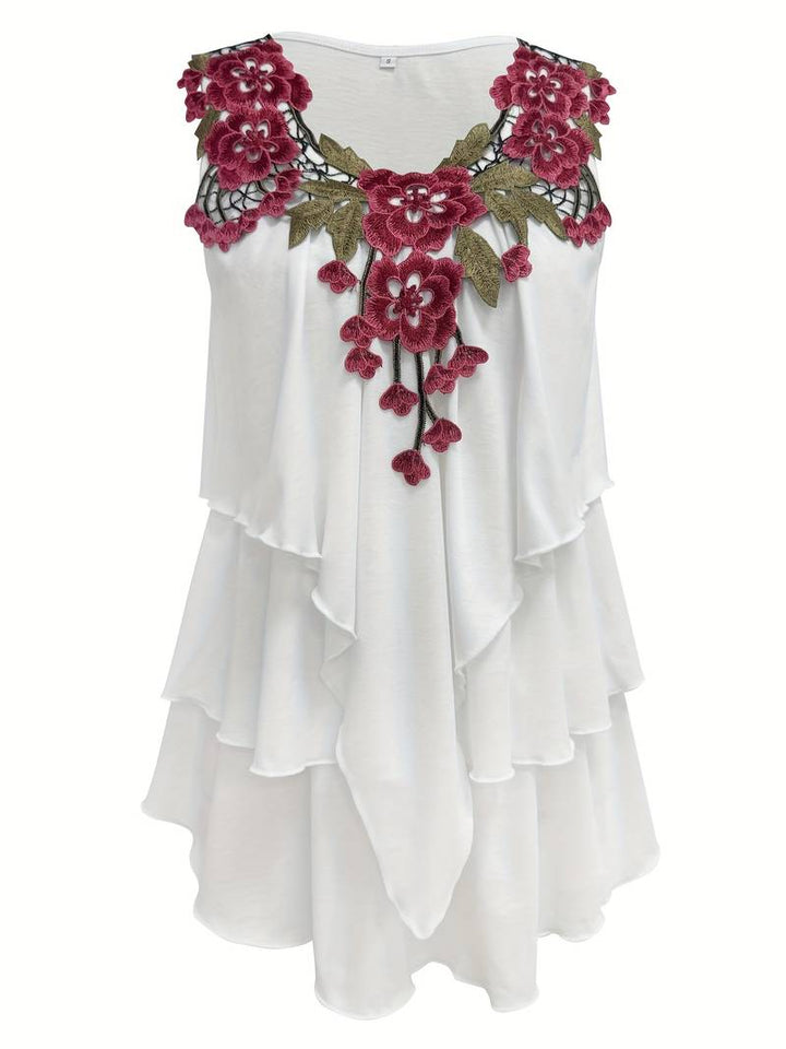 Verunka - Blusa De Verano Con Cuello en V Encaje Soluble Y Volantes en Estilo Patchwork