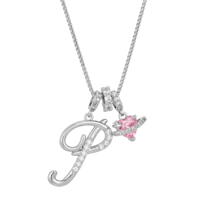 Nerute - Collar Con Inicial y Colgante de Corazón Rosa