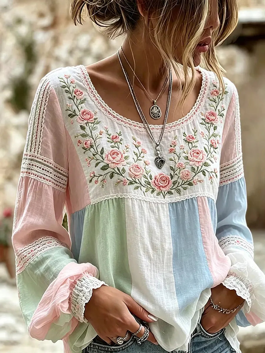 Esraa - Blusa De Lino Con Cuello Bordado Con Motivos Florales