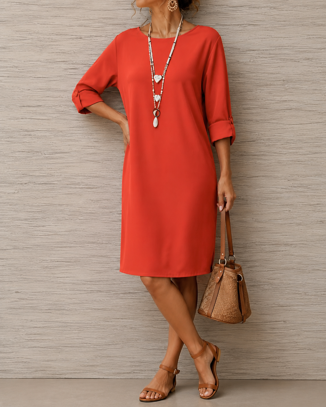 Huguette - Vestido Recto de Cuello Redondo Con Bolsillos